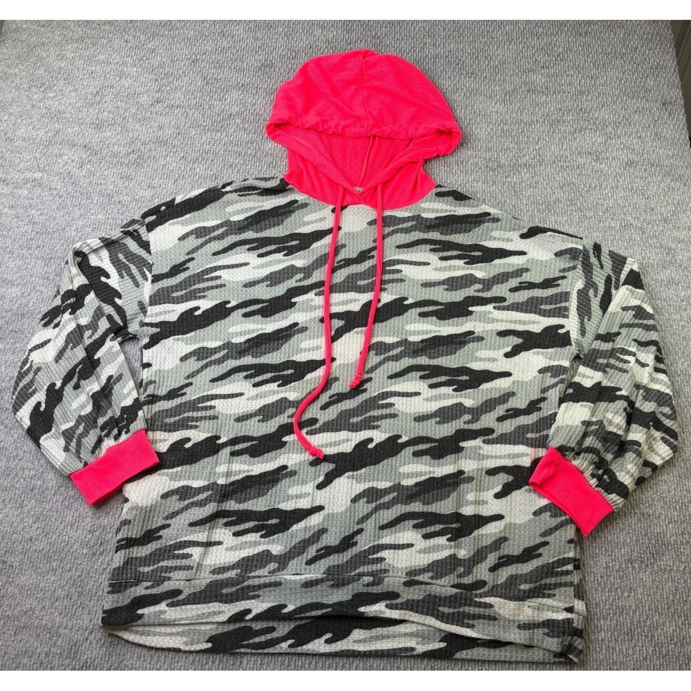 White Birch Womens 1X Camo Hoodie Gray Black Neon Pink Waffle Knit Pullover
